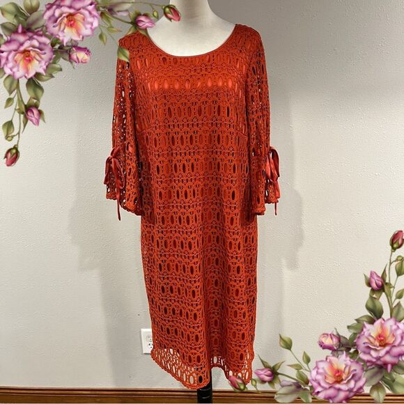 DressBarn Burnt Orange color long sleeve Lace Dress size 14 - Picture 1 of 13